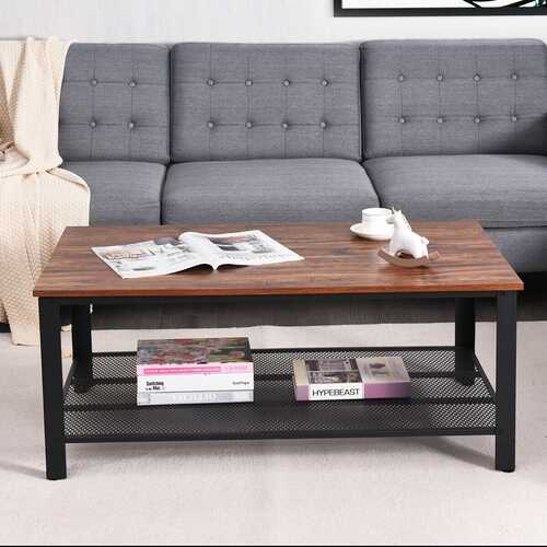 Metal Frame Wood Coffee Table Console Table with Storage Shelf-Brown