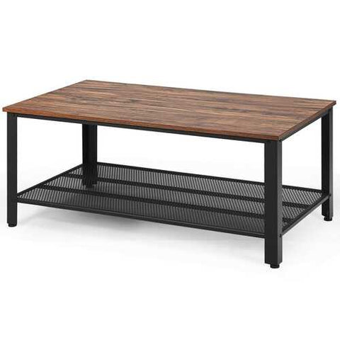 Metal Frame Wood Coffee Table Console Table with Storage Shelf-Brown