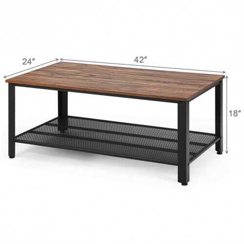 Metal Frame Wood Coffee Table Console Table with Storage Shelf-Brown