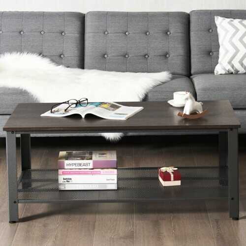 Metal Frame Wood Coffee Table Console Table with Storage Shelf-Brown