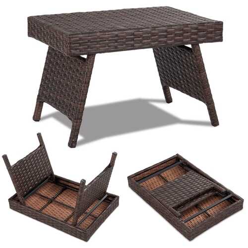 Folding PE Rattan Side Coffee Table Patio Garden Furniture