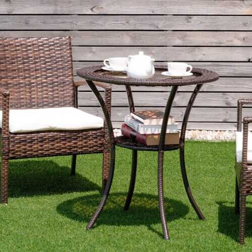 Round Rattan Wicker Coffee Table with Lower Shelf