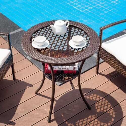 Round Rattan Wicker Coffee Table with Lower Shelf