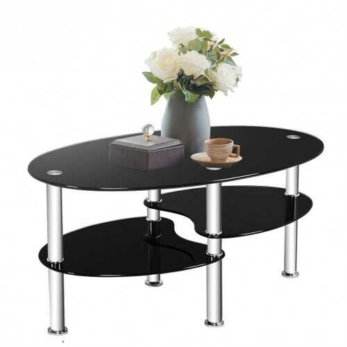 Tempered Glass Oval Side Coffee Table-Black