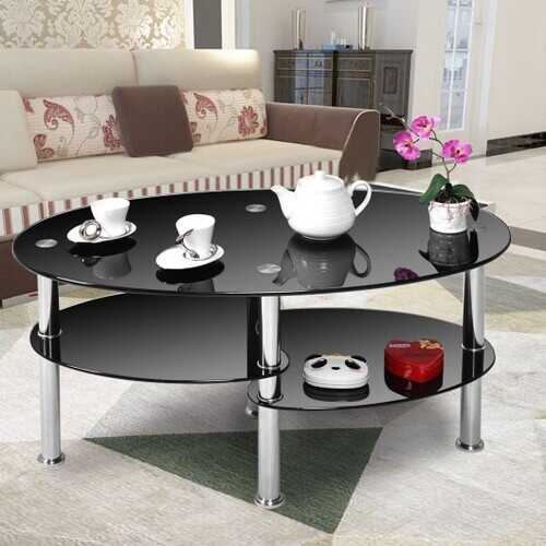 Tempered Glass Oval Side Coffee Table-Black