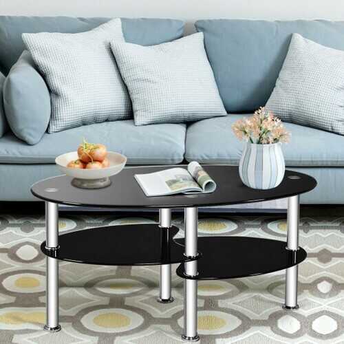 Tempered Glass Oval Side Coffee Table-Black